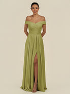 KissDress-Lurina Moss Green A Line Chiffon Off the Shoulder Pleated Long Bridesmaid Dress with Slit