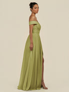 KissDress-Lurina Moss Green A Line Chiffon Off the Shoulder Pleated Long Bridesmaid Dress with Slit