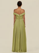 KissDress-Lurina Moss Green A Line Chiffon Off the Shoulder Pleated Long Bridesmaid Dress with Slit