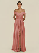 KissDress-Lurina Mulberry A Line Chiffon Off the Shoulder Pleated Long Bridesmaid Dress with Slit