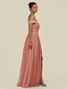 KissDress-Lurina Mulberry A Line Chiffon Off the Shoulder Pleated Long Bridesmaid Dress with Slit