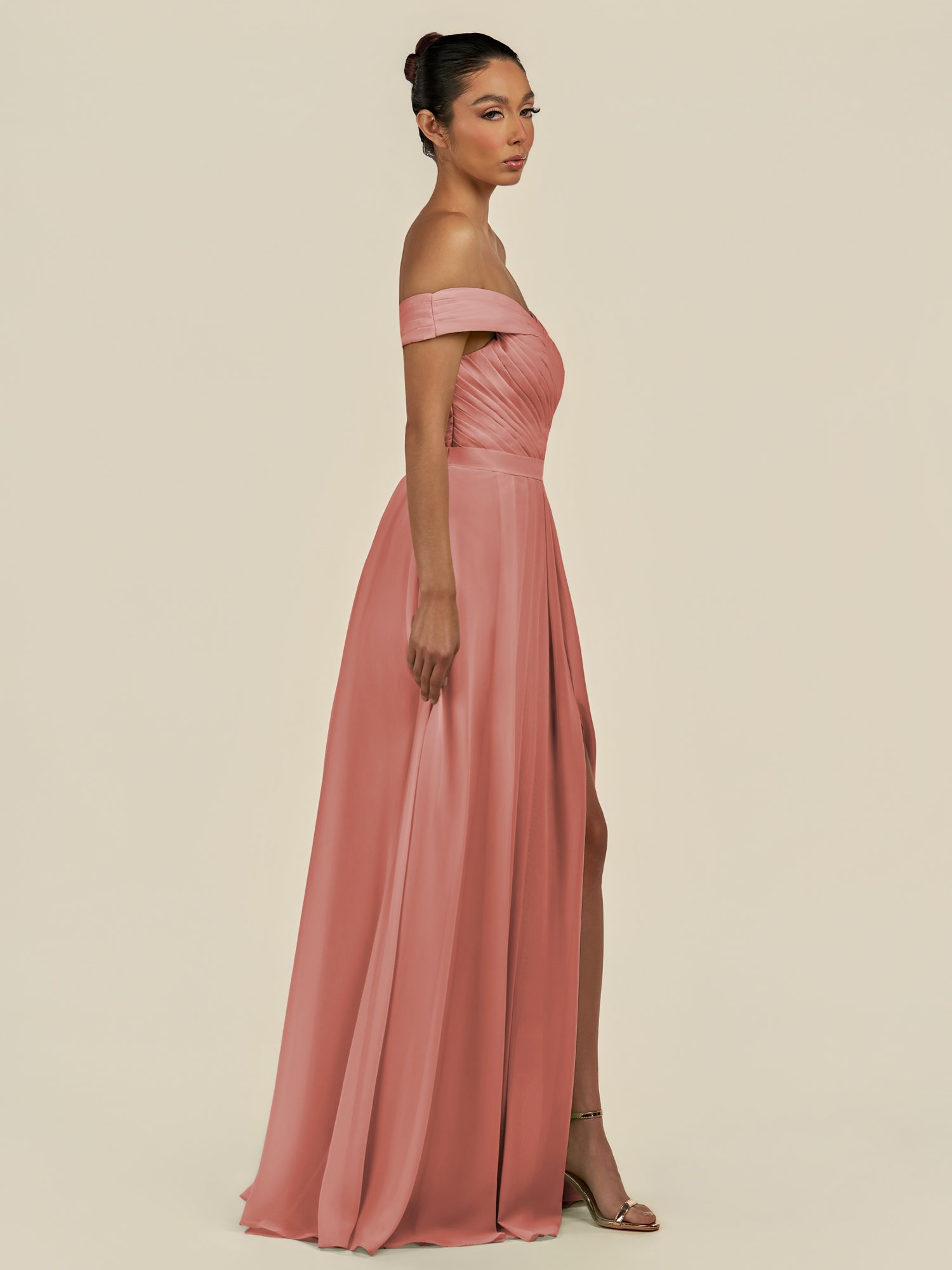KissDress-Lurina Mulberry A Line Chiffon Off the Shoulder Pleated Long Bridesmaid Dress with Slit