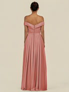 KissDress-Lurina Mulberry A Line Chiffon Off the Shoulder Pleated Long Bridesmaid Dress with Slit