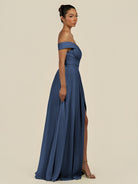 KissDress-Lurina Navy A Line Chiffon Off the Shoulder Pleated Long Bridesmaid Dress with Slit