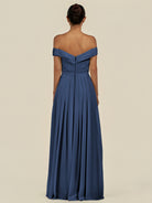 KissDress-Lurina Navy A Line Chiffon Off the Shoulder Pleated Long Bridesmaid Dress with Slit