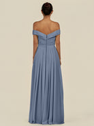 KissDress-Lurina Neptune A Line Chiffon Off the Shoulder Pleated Long Bridesmaid Dress with Slit
