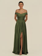 KissDress-Lurina Olive A Line Chiffon Off the Shoulder Pleated Long Bridesmaid Dress with Slit