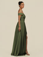 KissDress-Lurina Olive A Line Chiffon Off the Shoulder Pleated Long Bridesmaid Dress with Slit