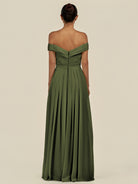 KissDress-Lurina Olive A Line Chiffon Off the Shoulder Pleated Long Bridesmaid Dress with Slit
