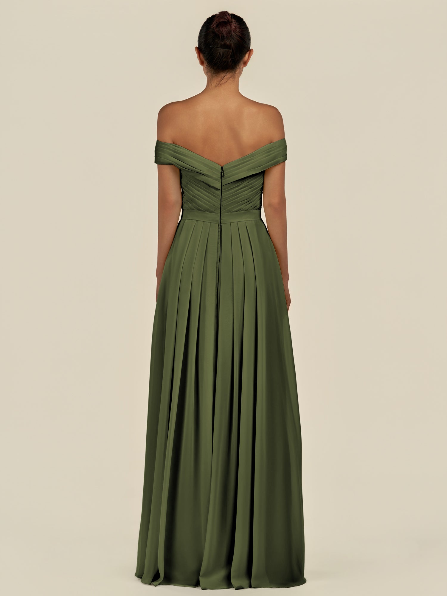 KissDress-Lurina Olive A Line Chiffon Off the Shoulder Pleated Long Bridesmaid Dress with Slit