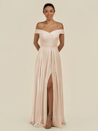KissDress-Lurina Pale Blush A Line Chiffon Off the Shoulder Pleated Long Bridesmaid Dress with Slit
