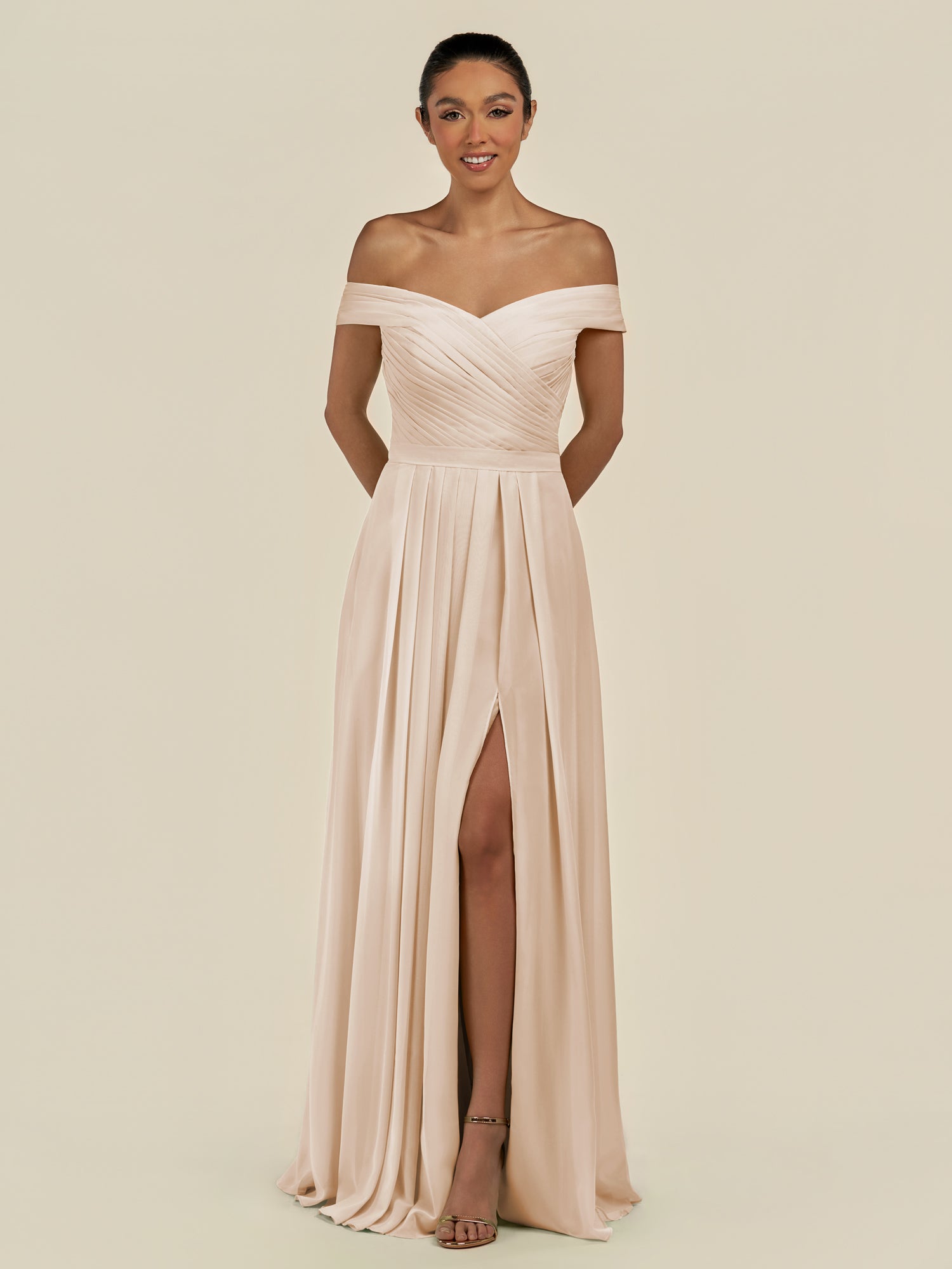 KissDress-Lurina Pale Blush A Line Chiffon Off the Shoulder Pleated Long Bridesmaid Dress with Slit