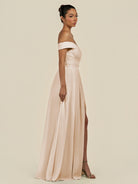KissDress-Lurina Pale Blush A Line Chiffon Off the Shoulder Pleated Long Bridesmaid Dress with Slit