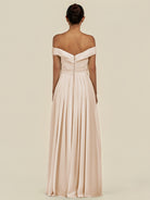 KissDress-Lurina Pale Blush A Line Chiffon Off the Shoulder Pleated Long Bridesmaid Dress with Slit