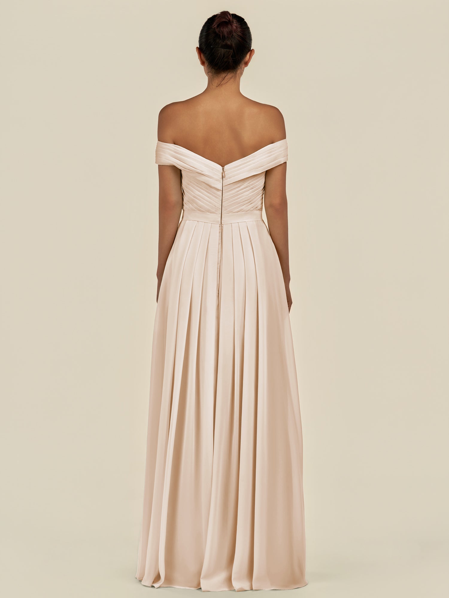 KissDress-Lurina Pale Blush A Line Chiffon Off the Shoulder Pleated Long Bridesmaid Dress with Slit