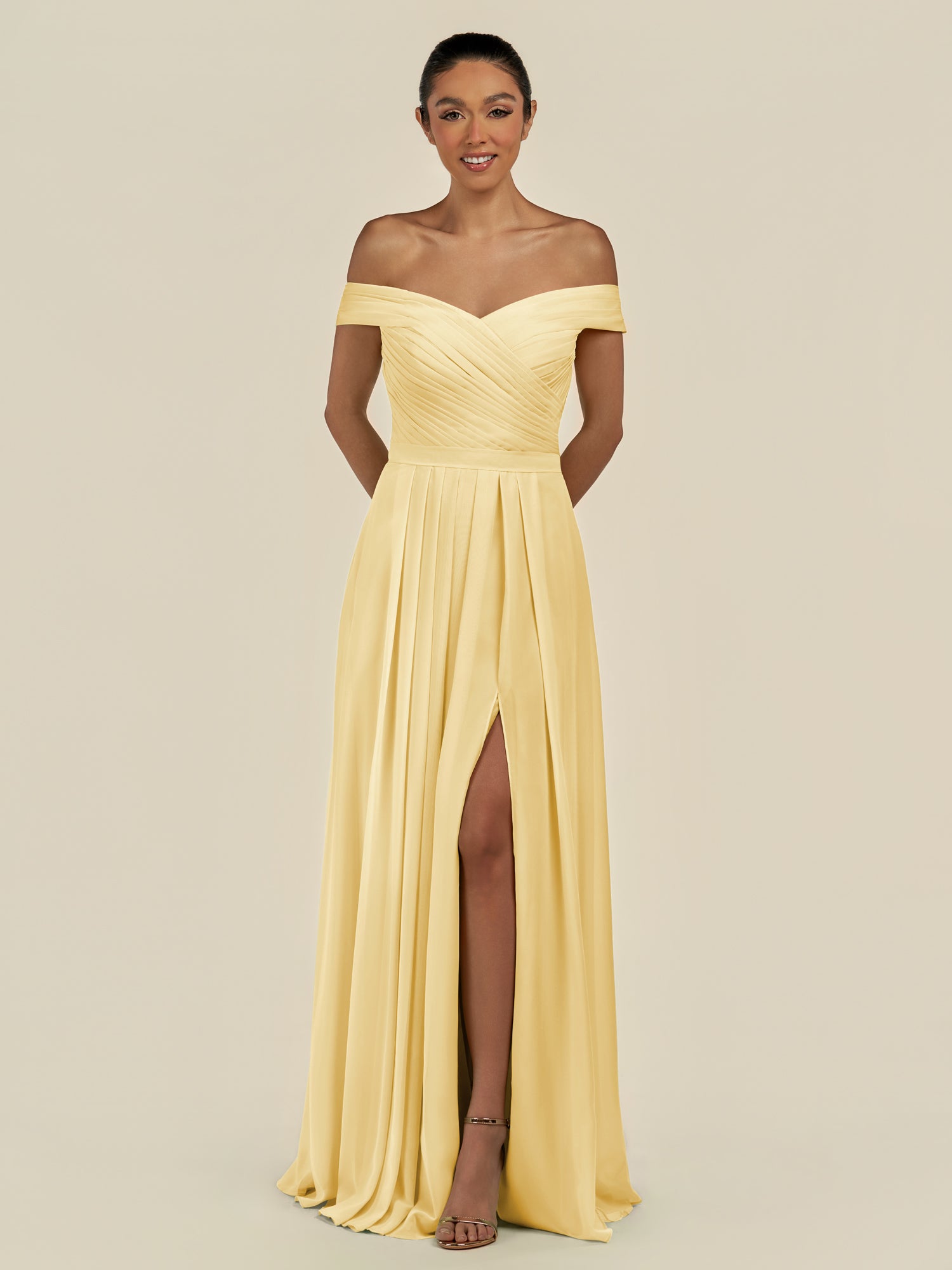 KissDress-Lurina Pastel Yellow A Line Chiffon Off the Shoulder Pleated Long Bridesmaid Dress with Slit