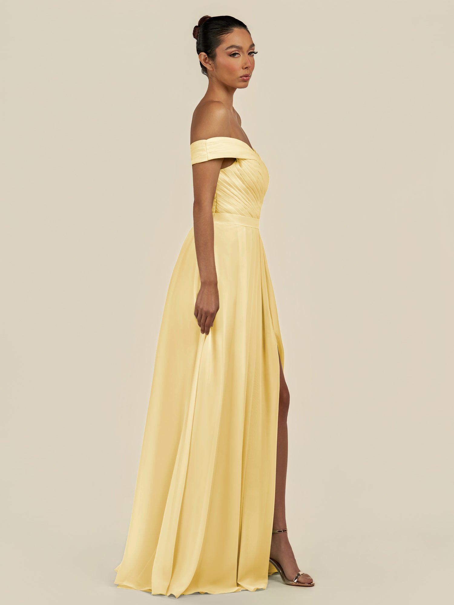 KissDress-Lurina Pastel Yellow A Line Chiffon Off the Shoulder Pleated Long Bridesmaid Dress with Slit