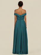 KissDress-Lurina Pine A Line Chiffon Off the Shoulder Pleated Long Bridesmaid Dress with Slit