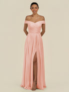 KissDress-Lurina Rose Petal A Line Chiffon Off the Shoulder Pleated Long Bridesmaid Dress with Slit