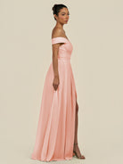 KissDress-Lurina Rose Petal A Line Chiffon Off the Shoulder Pleated Long Bridesmaid Dress with Slit
