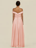KissDress-Lurina Rose Petal A Line Chiffon Off the Shoulder Pleated Long Bridesmaid Dress with Slit