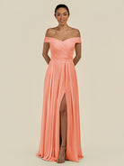 KissDress-Lurina Rosette A Line Chiffon Off the Shoulder Pleated Long Bridesmaid Dress with Slit