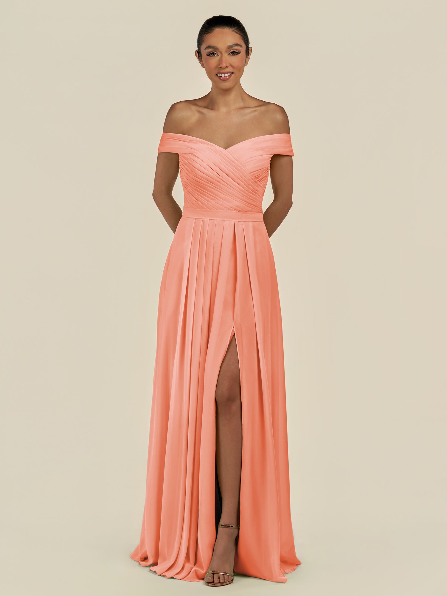 KissDress-Lurina Rosette A Line Chiffon Off the Shoulder Pleated Long Bridesmaid Dress with Slit