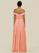 KissDress-Lurina Rosette A Line Chiffon Off the Shoulder Pleated Long Bridesmaid Dress with Slit