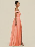 KissDress-Lurina Rosette A Line Chiffon Off the Shoulder Pleated Long Bridesmaid Dress with Slit