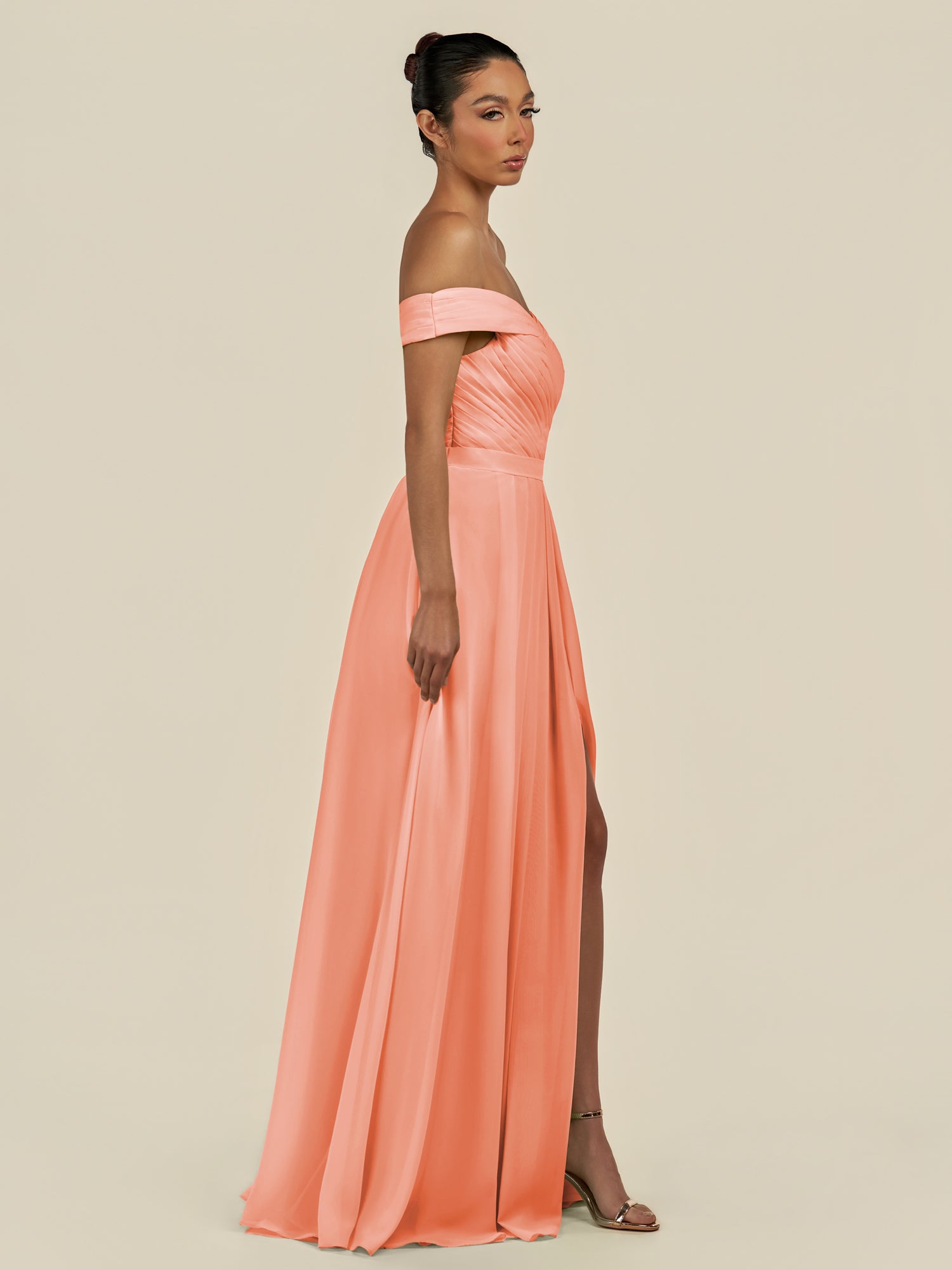 KissDress-Lurina Rosette A Line Chiffon Off the Shoulder Pleated Long Bridesmaid Dress with Slit