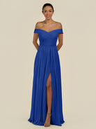 KissDress-Lurina Royal Blue A Line Chiffon Off the Shoulder Pleated Long Bridesmaid Dress with Slit