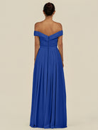 KissDress-Lurina Royal Blue A Line Chiffon Off the Shoulder Pleated Long Bridesmaid Dress with Slit