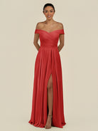 KissDress-Lurina Ruby Red A Line Chiffon Off the Shoulder Pleated Long Bridesmaid Dress with Slit