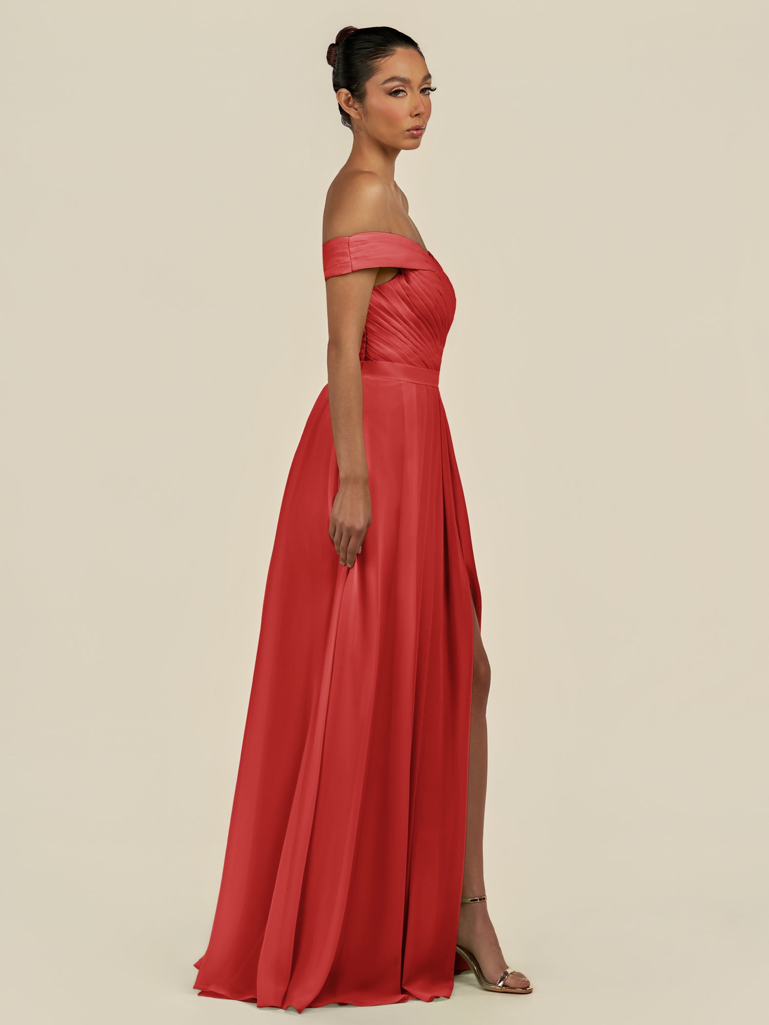 KissDress-Lurina Ruby Red A Line Chiffon Off the Shoulder Pleated Long Bridesmaid Dress with Slit