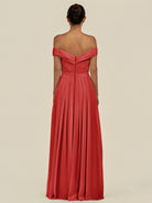KissDress-Lurina Ruby Red A Line Chiffon Off the Shoulder Pleated Long Bridesmaid Dress with Slit