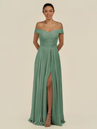 KissDress-Lurina Sea Glass A Line Chiffon Off the Shoulder Pleated Long Bridesmaid Dress with Slit