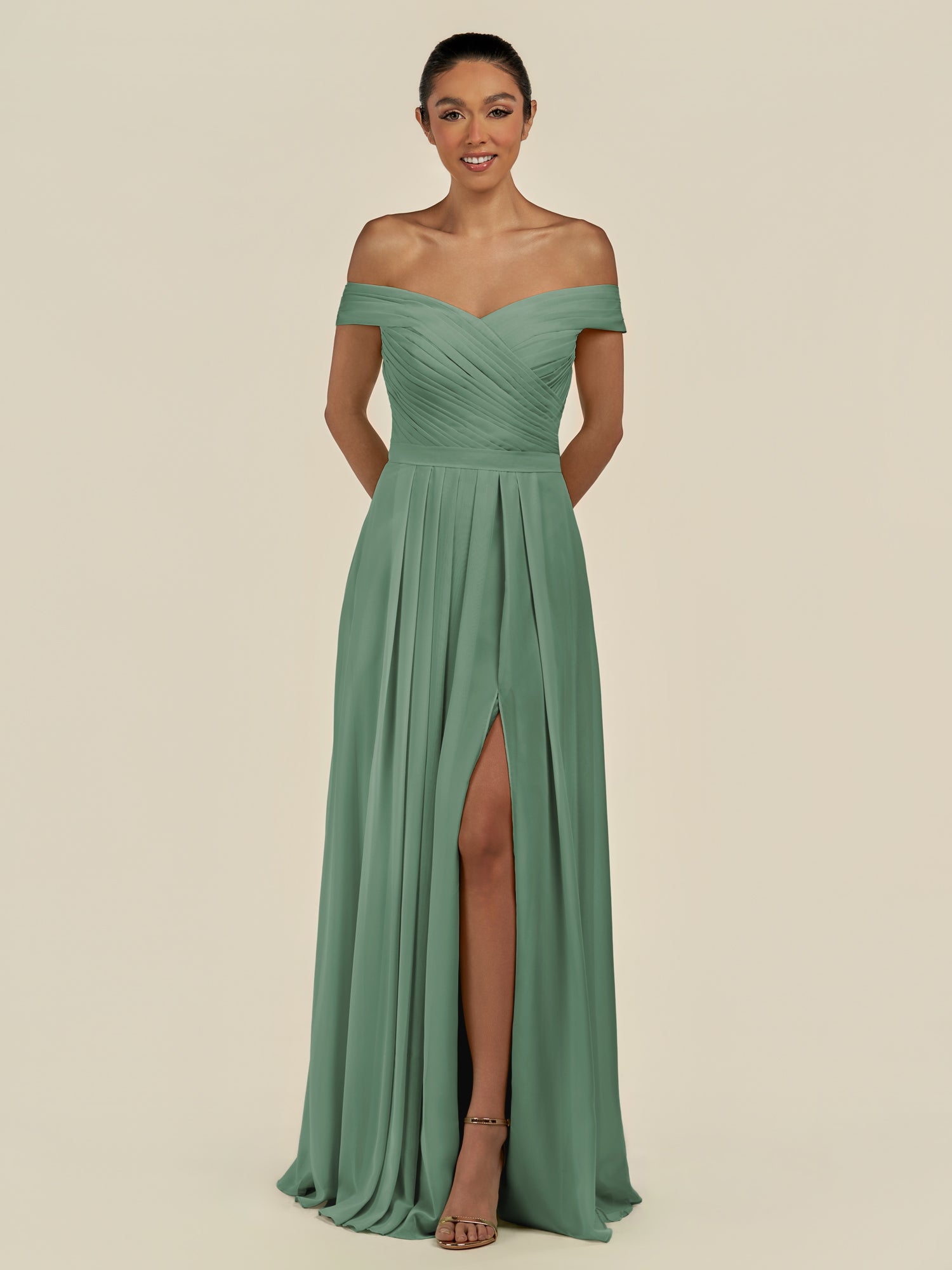 KissDress-Lurina Sea Glass A Line Chiffon Off the Shoulder Pleated Long Bridesmaid Dress with Slit