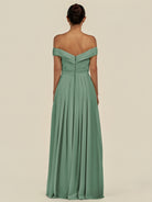 KissDress-Lurina Sea Glass A Line Chiffon Off the Shoulder Pleated Long Bridesmaid Dress with Slit