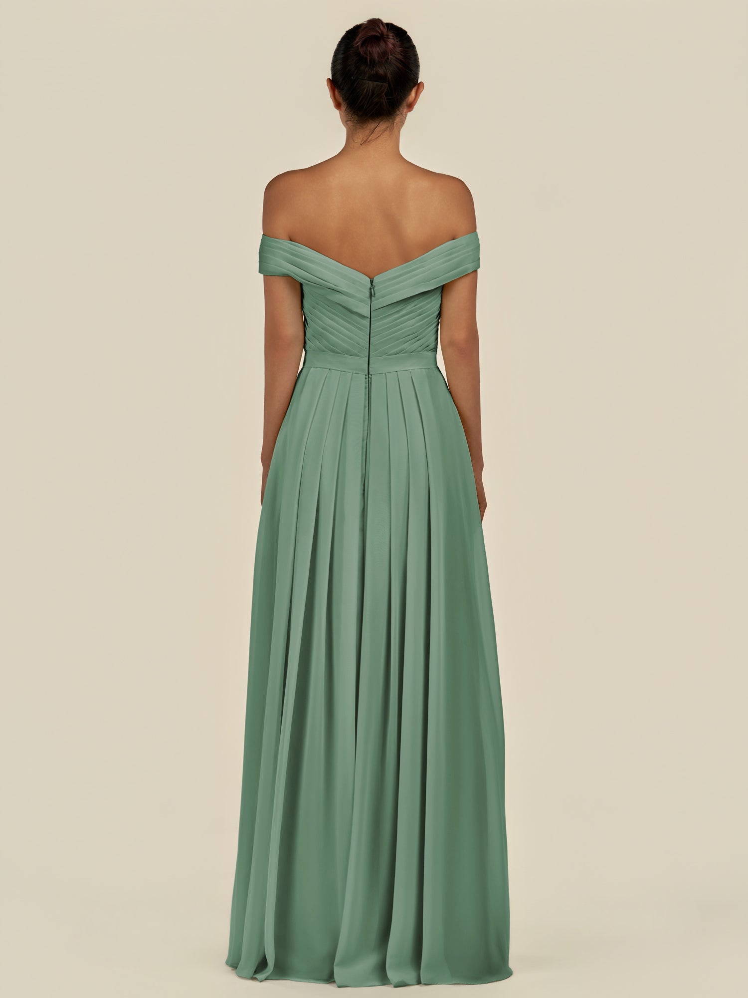 KissDress-Lurina Sea Glass A Line Chiffon Off the Shoulder Pleated Long Bridesmaid Dress with Slit