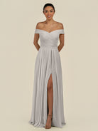 KissDress-Lurina Silver A Line Chiffon Off the Shoulder Pleated Long Bridesmaid Dress with Slit