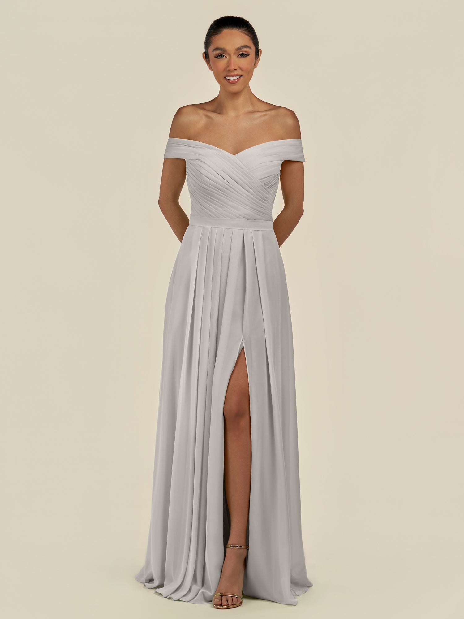KissDress-Lurina Silver A Line Chiffon Off the Shoulder Pleated Long Bridesmaid Dress with Slit