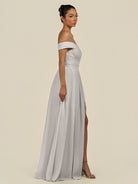 KissDress-Lurina Silver A Line Chiffon Off the Shoulder Pleated Long Bridesmaid Dress with Slit
