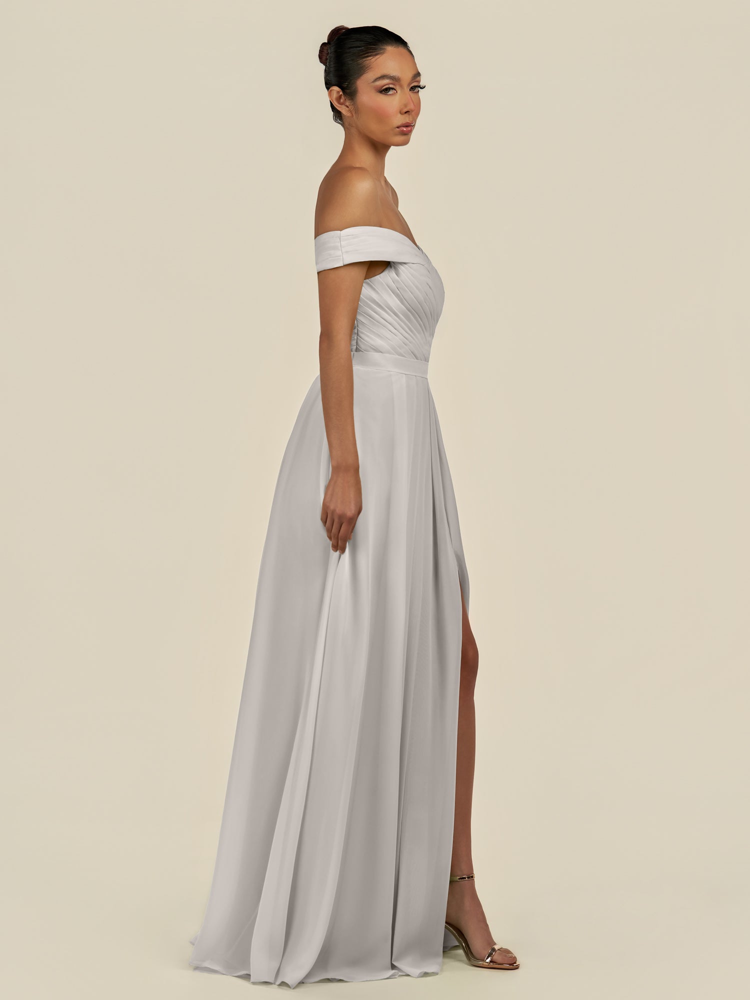 KissDress-Lurina Silver A Line Chiffon Off the Shoulder Pleated Long Bridesmaid Dress with Slit