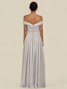 KissDress-Lurina Silver A Line Chiffon Off the Shoulder Pleated Long Bridesmaid Dress with Slit