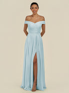 KissDress-Lurina Sky Blue A Line Chiffon Off the Shoulder Pleated Long Bridesmaid Dress with Slit