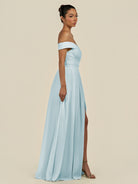 KissDress-Lurina Sky Blue A Line Chiffon Off the Shoulder Pleated Long Bridesmaid Dress with Slit