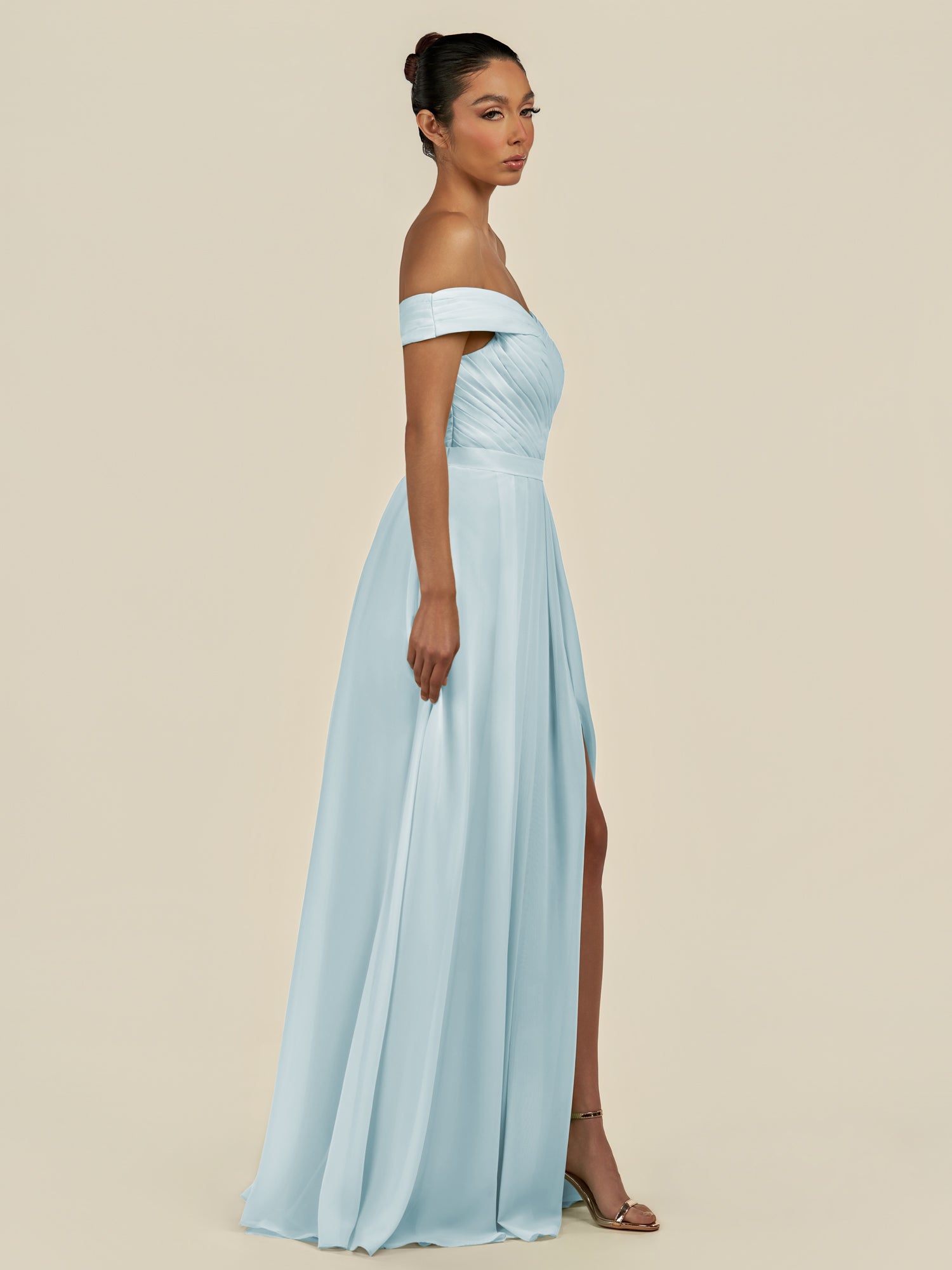KissDress-Lurina Sky Blue A Line Chiffon Off the Shoulder Pleated Long Bridesmaid Dress with Slit