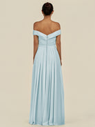 KissDress-Lurina Sky Blue A Line Chiffon Off the Shoulder Pleated Long Bridesmaid Dress with Slit