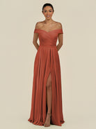 KissDress-Lurina Spice A Line Chiffon Off the Shoulder Pleated Long Bridesmaid Dress with Slit