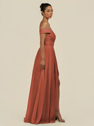 KissDress-Lurina Spice A Line Chiffon Off the Shoulder Pleated Long Bridesmaid Dress with Slit